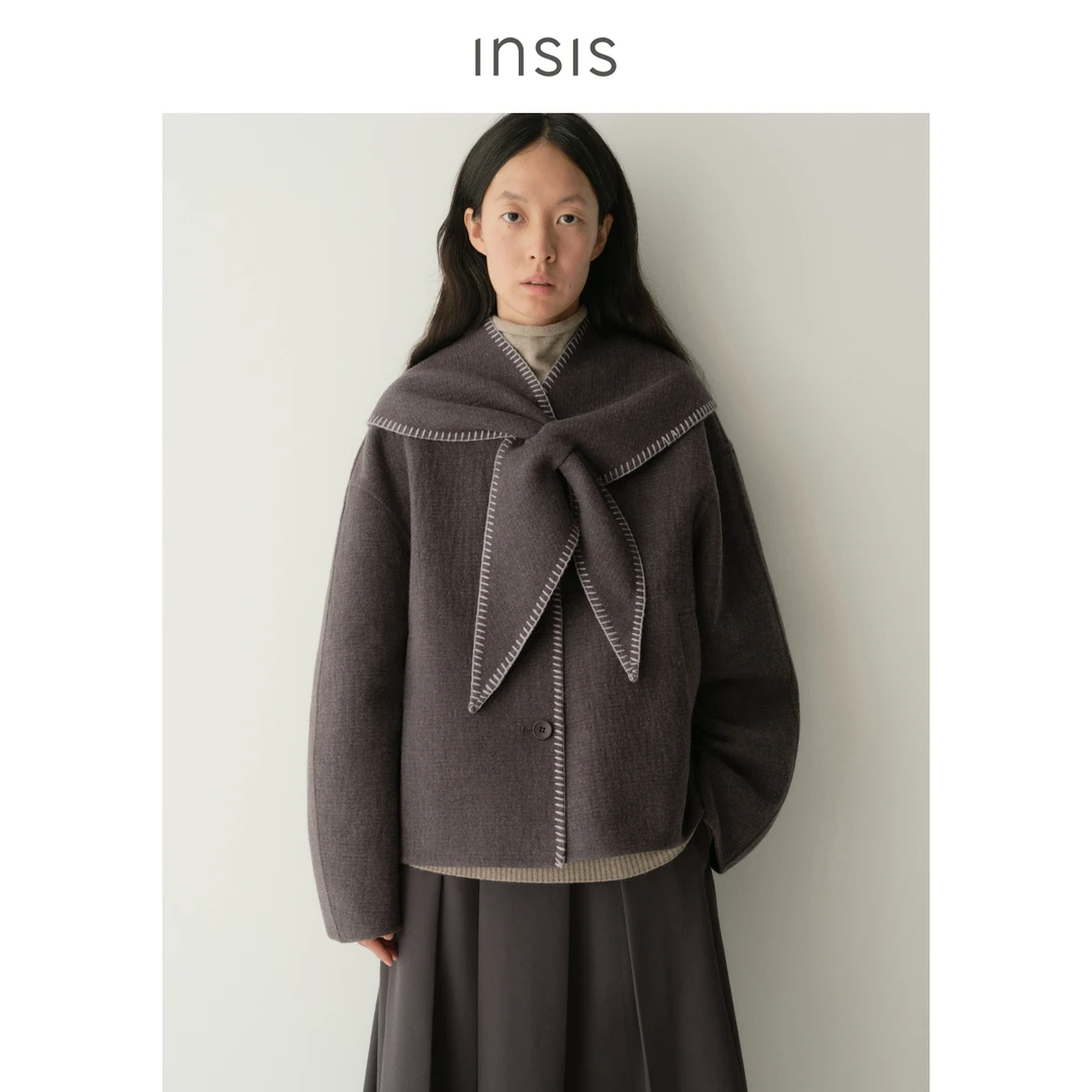 INSIS FEMME【博主专属】肌理感绵羊毛可脱卸兔耳三角巾双面呢大衣