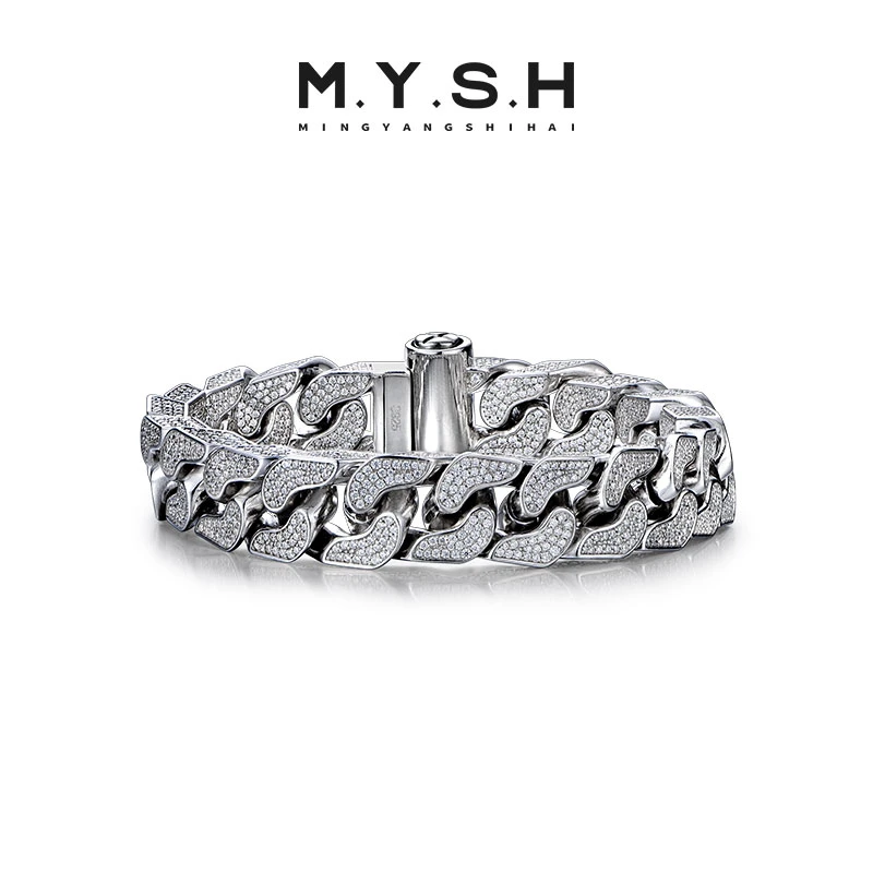 925银手链 满钻古巴手链男士潮流嘻哈小众霸气高级感个性四面立体