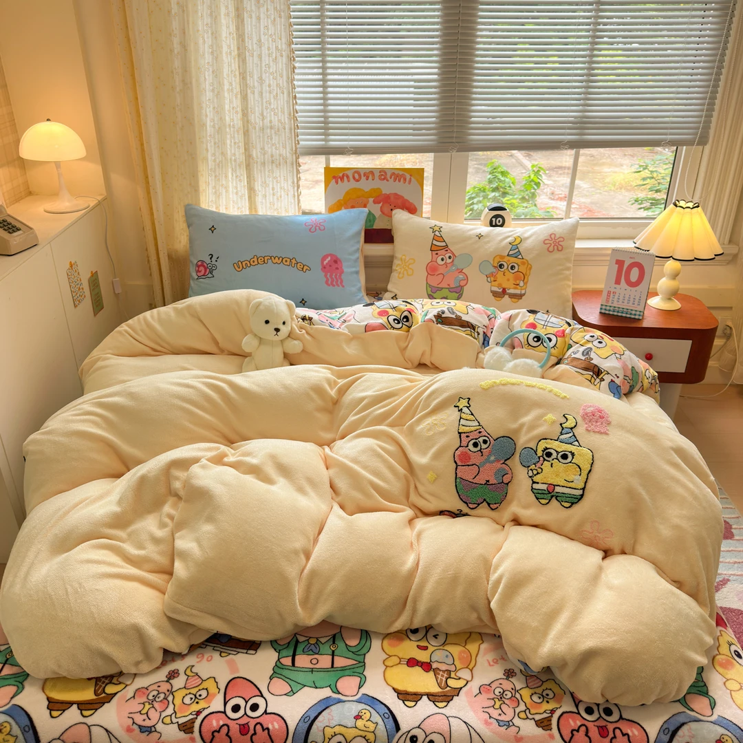 秋冬季加厚毛巾绣牛奶绒床品四件套可爱卡通加绒单人三件套松弛感