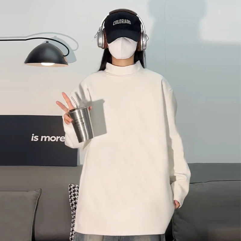 秋冬德绒半高领打底衫男款百搭加绒加厚德绒宽松纯色休闲长袖套头