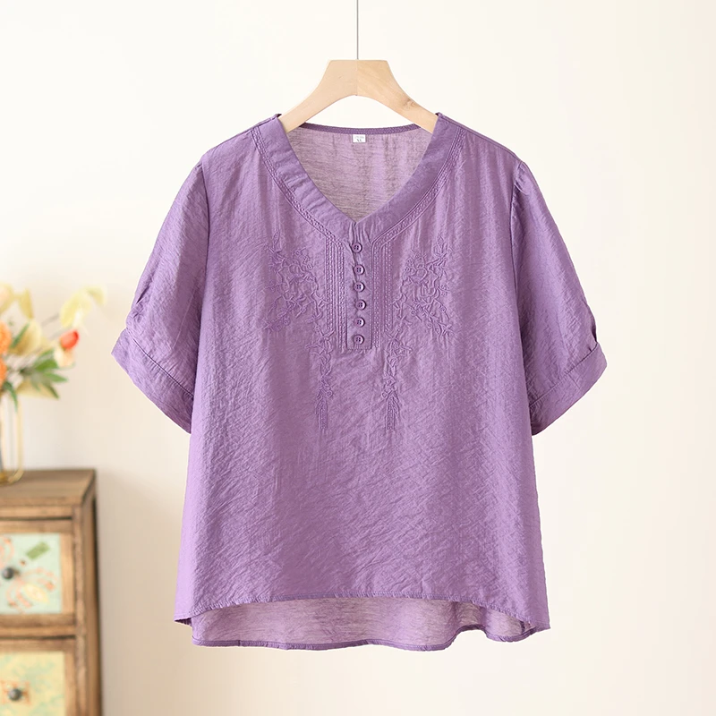 【茶芙巷】新款夏季T恤女刺绣上衣女妈妈装宽松显瘦套头纽扣【YLL】