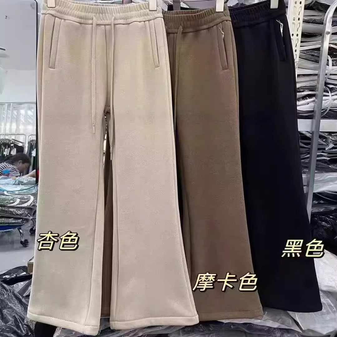 23586韩版羊绒混纺松紧腰加绒加厚微喇叭裤百搭保暖长裤休闲裤女