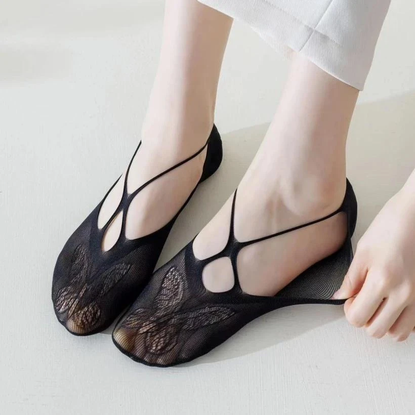 诸暨袜子100%正品短袜棉底薄款交叉渔网船袜时尚百搭女袜镂空蕾丝