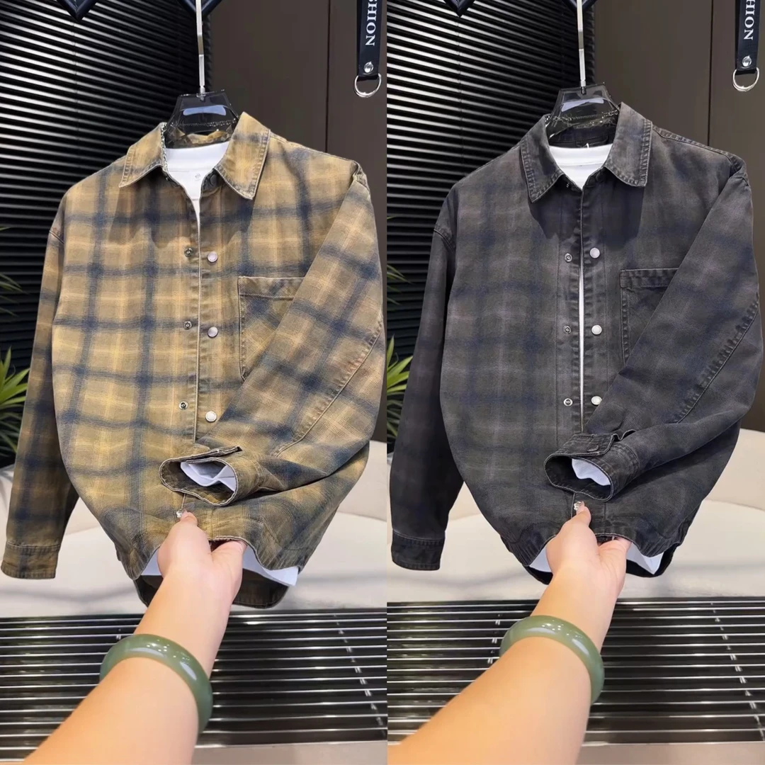 秋季新款轻奢风格子翻领衬衫外套男高档宽松百搭舒适休闲长袖上衣