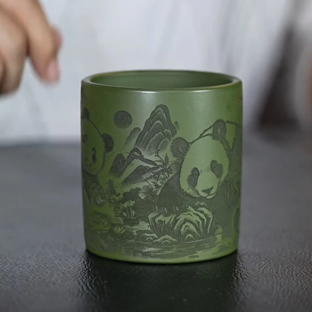 宜兴原矿紫砂茶杯景舟墨绿泥满刻熊猫纳财主人杯会客送礼竹节杯