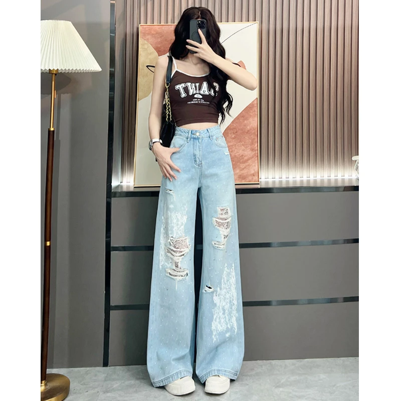 破洞烫钻蕾丝刷漆阔腿牛仔裤女2025年春夏新款薄款独特网红直筒裤