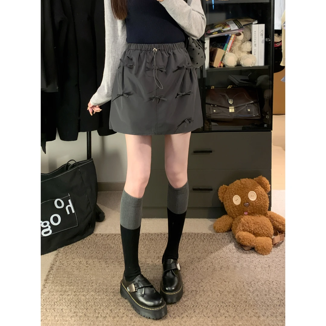 大码胖mm辣妹设计感工装蝴蝶结半身裙女夏季新款松紧腰a字短裙