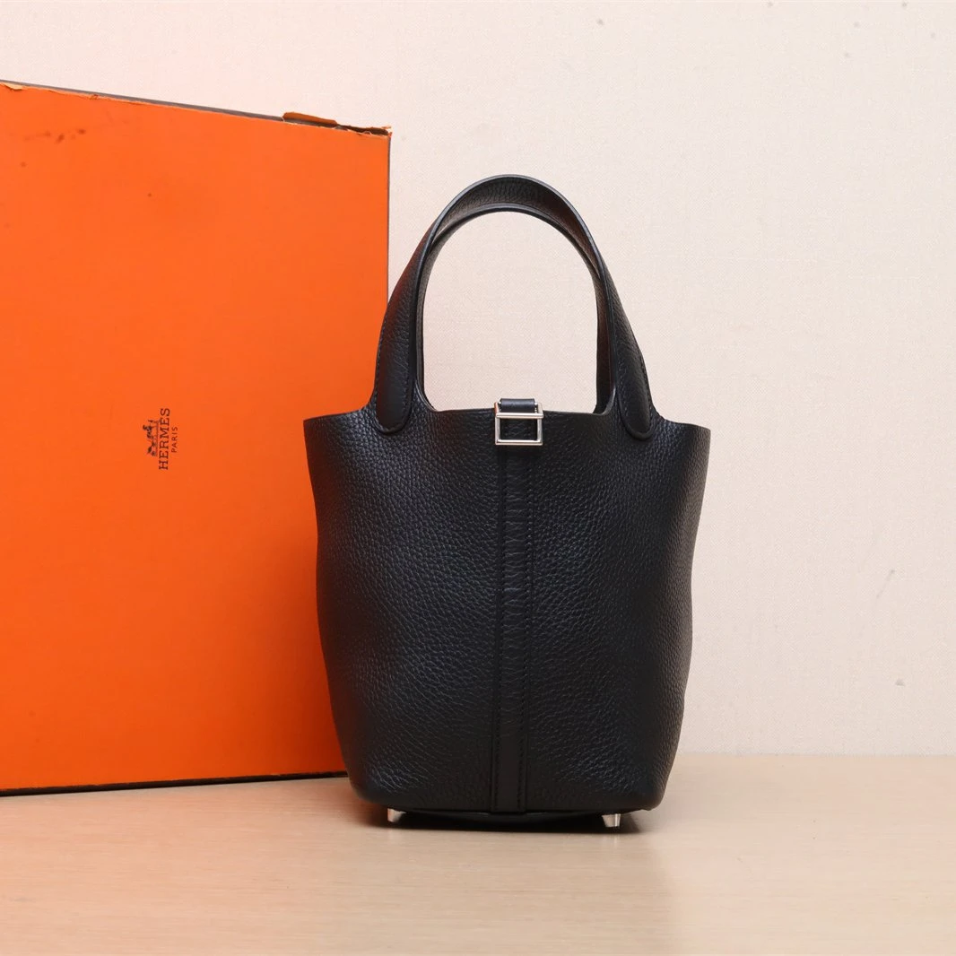 95新 Hermes/爱马仕 【黑黑】菜篮子 18 黑色 TC皮 D刻 银扣