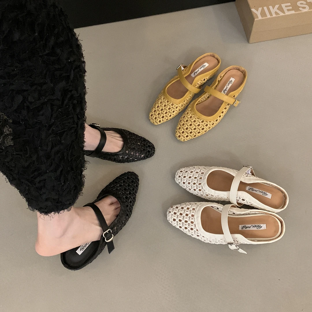 内增高复古编织包头半拖鞋女夏季外穿2025新款浅口镂空玛丽珍凉拖