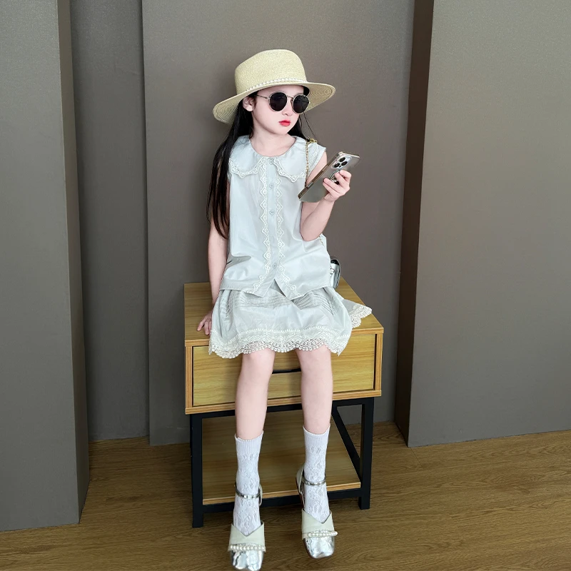 女童夏季套装2025新款中大童夏装花边薄款休闲日常背心短裙两件套