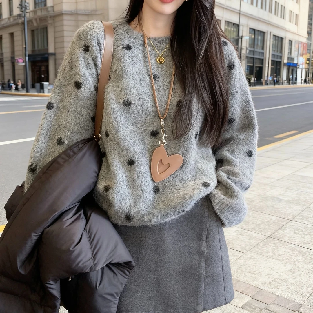 2025韩版休闲针织百搭波点宽松女慵懒风毛针织衫 保暖毛衣