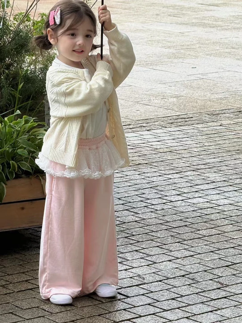 韩国女童休闲裤2025春款蕾丝屁帘裤子时尚阔腿裤子