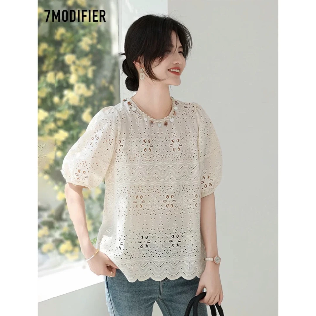 半袖圆领碎花镂空法式泡泡袖洋气甜美上衣夏季宽松小衫时尚设计感