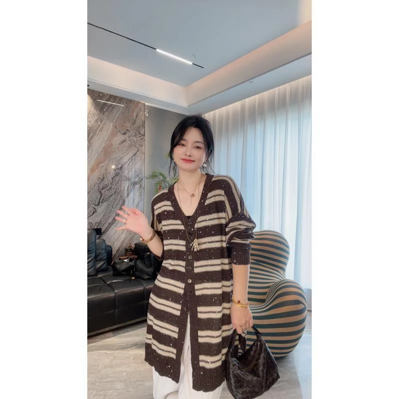【冲姐】秋款上新宽松大版V领条纹亮晶晶长袖气质针织衫308