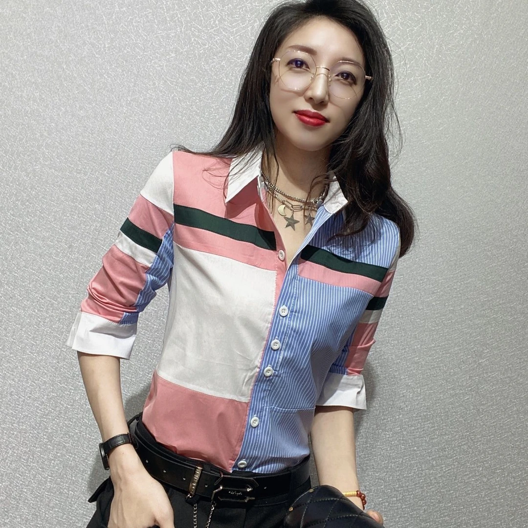 春夏爆款休闲条纹衬衫女长袖时尚洋气修身拼接衬衣小清新上衣3314