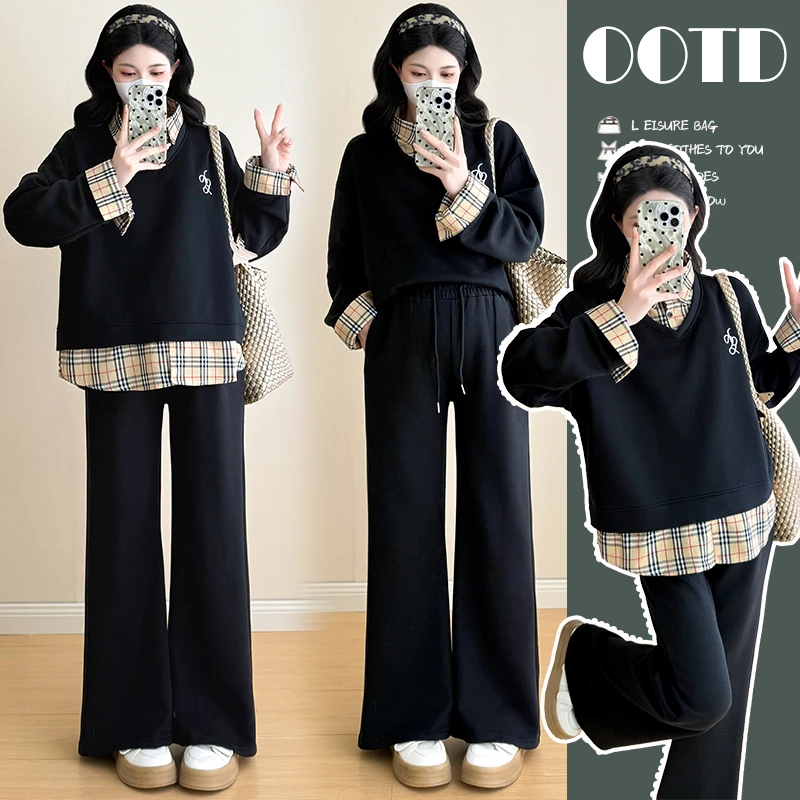 孕妇秋冬时尚新款韩版Polo领套装假两件慵懒风宽松卫衣阔腿裤穿搭