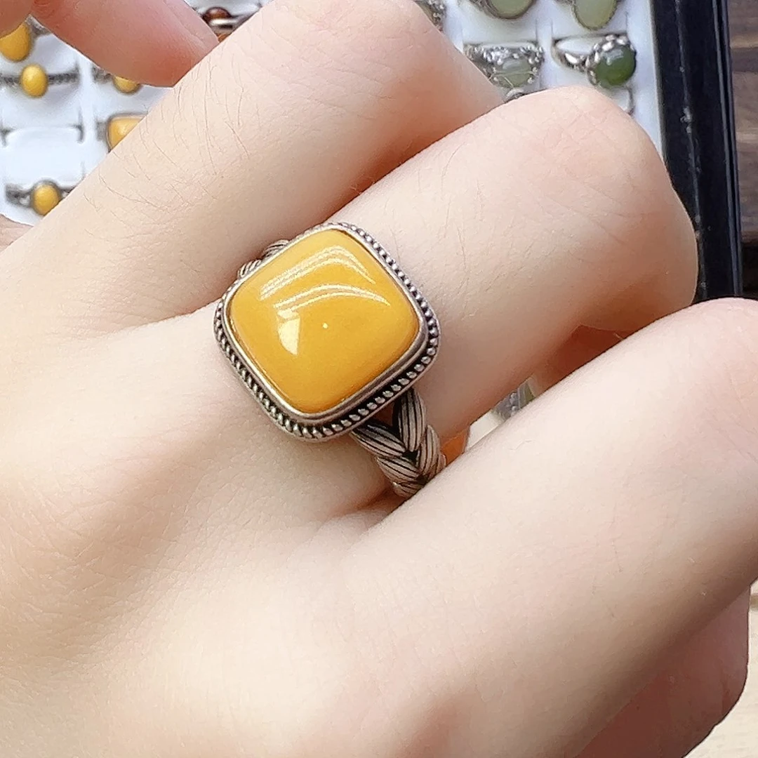 蜜蜡银S925镶嵌戒指，