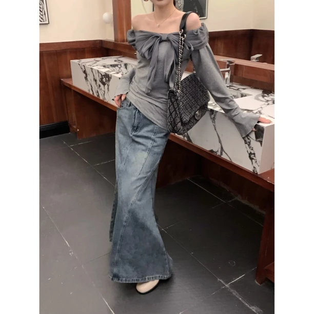 【赵小小&淡颜狙击】8101 修身一字肩长袖t恤喇叭袖打底衫显瘦上衣