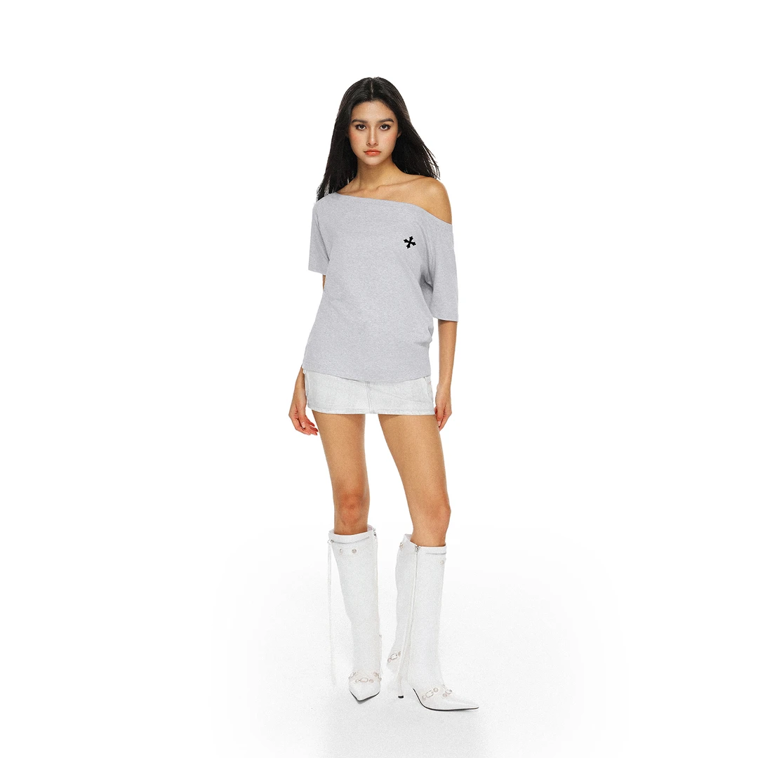 FDR纯欲风短袖常规款T恤fdr斜肩上衣设计师条纹灰色套头春夏圆领