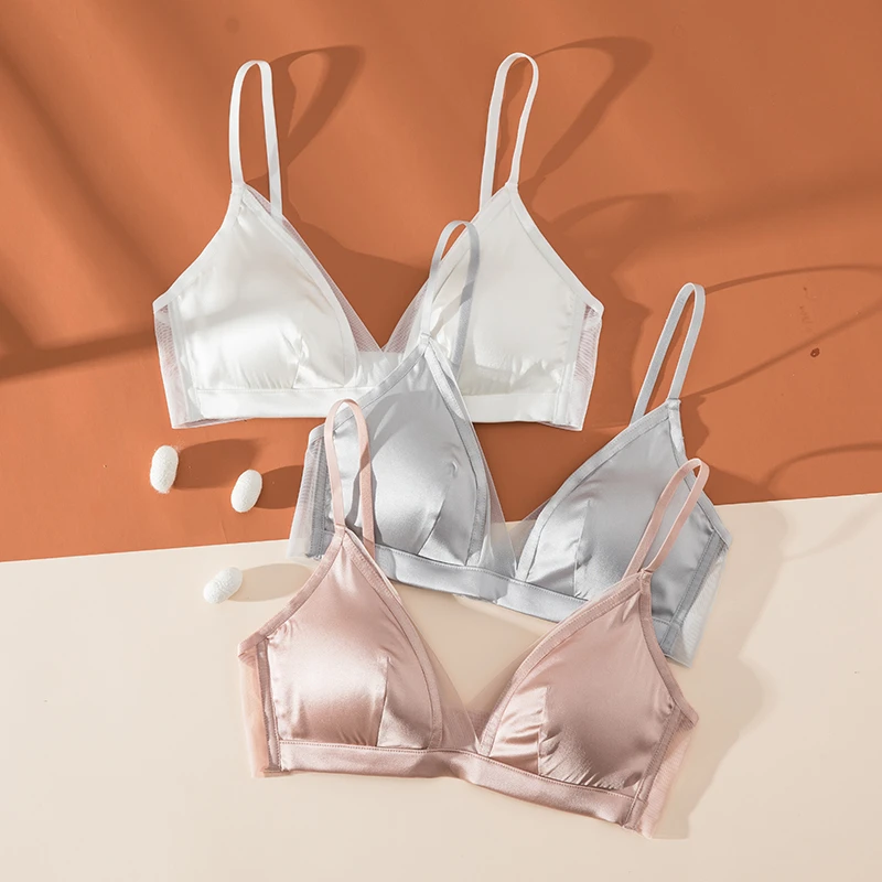 桑蚕丝网纱透气无痕内衣女小胸薄款缎面法式三角杯可拆卸胸垫夏季