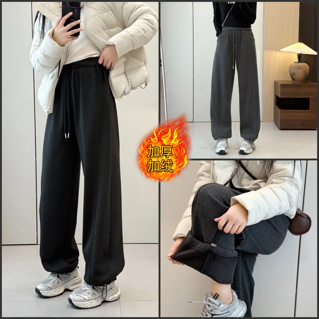 秋冬新款加绒加厚显瘦高腰阔腿休闲裤窄版弯刀长裤2588