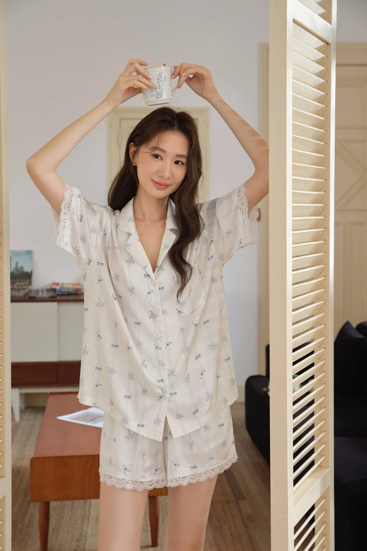 少女风蕾丝花边冰丝短袖短裤夏季女式可外穿睡衣家居服