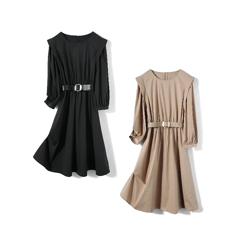 33615【木系列】圆领褶皱系带连衣裙21321581L1