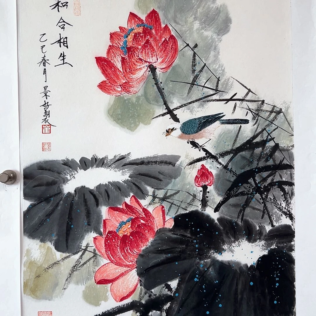 国画写意荷花带工笔鸟