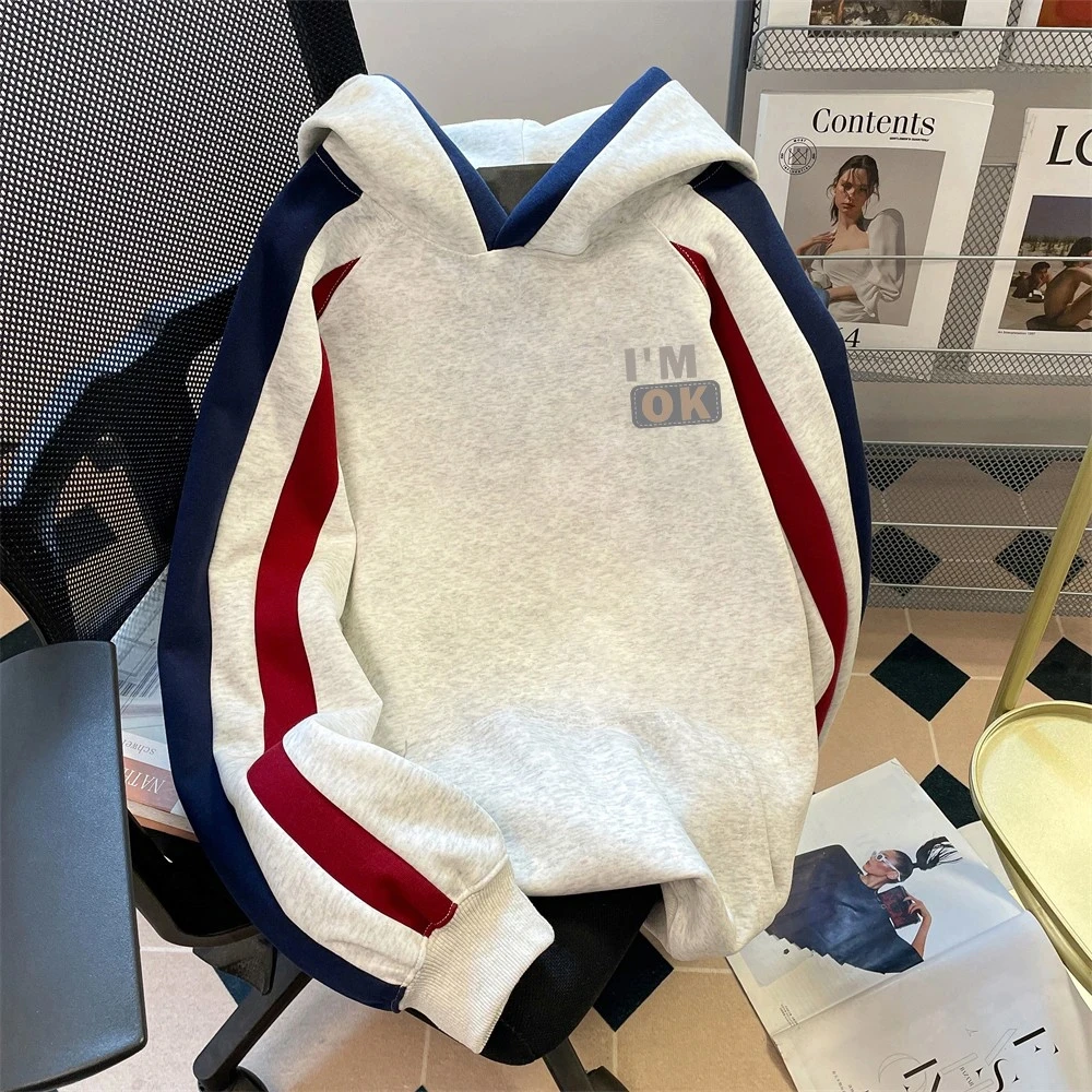 仓石一树秋冬季宽松百搭撞色连帽卫衣男装青少年重磅加绒套头上衣