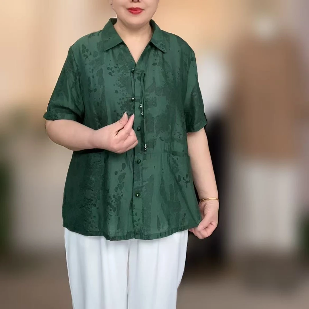 夏季中老年大码薄款气质洋气时尚衬衫休闲妈妈装中袖v领宽松衬衣