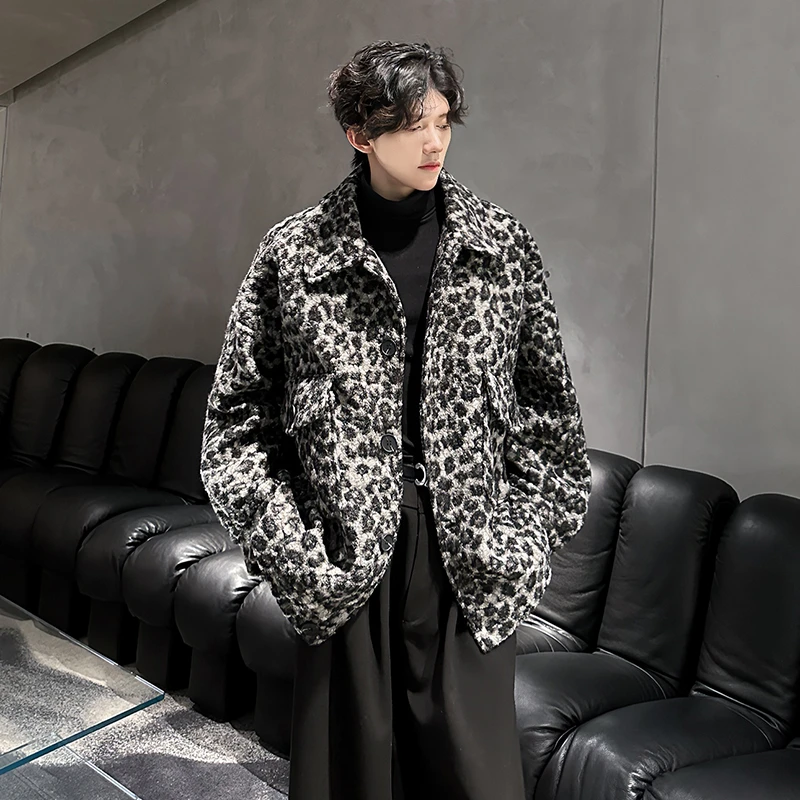 复古豹纹毛呢翻领夹克男大衣秋冬季加肥加大码潮牌宽松高级感外套
