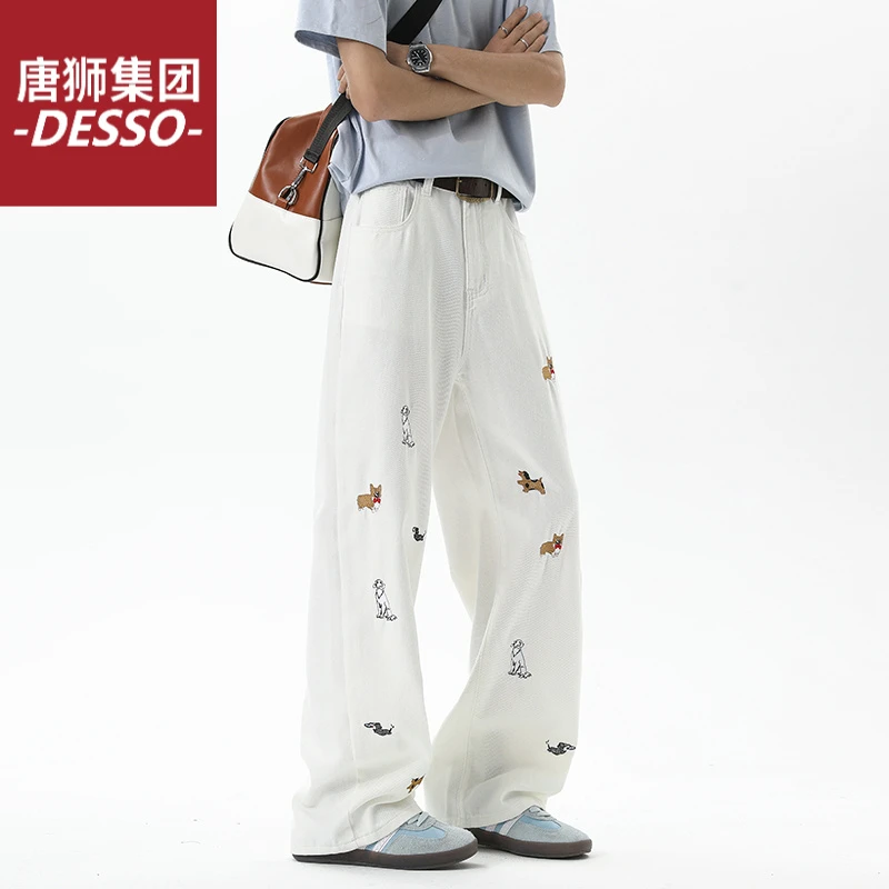 唐狮集团DESSO夏新款可爱趣味小狗刺绣牛仔裤百搭高街慵懒风直筒