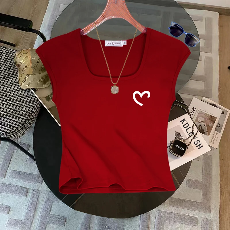 方领短袖t恤女2025夏季新款紧身显瘦正肩小飞袖短款体恤无袖上衣