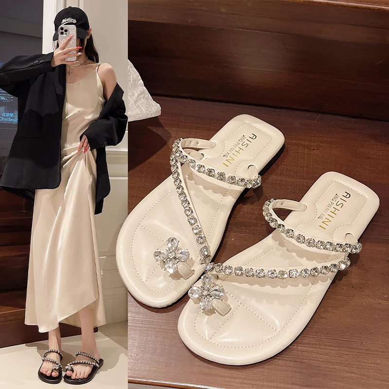 夏季新款百搭通勤夹趾防滑平底光滑圆头优雅时尚一字带时装凉鞋