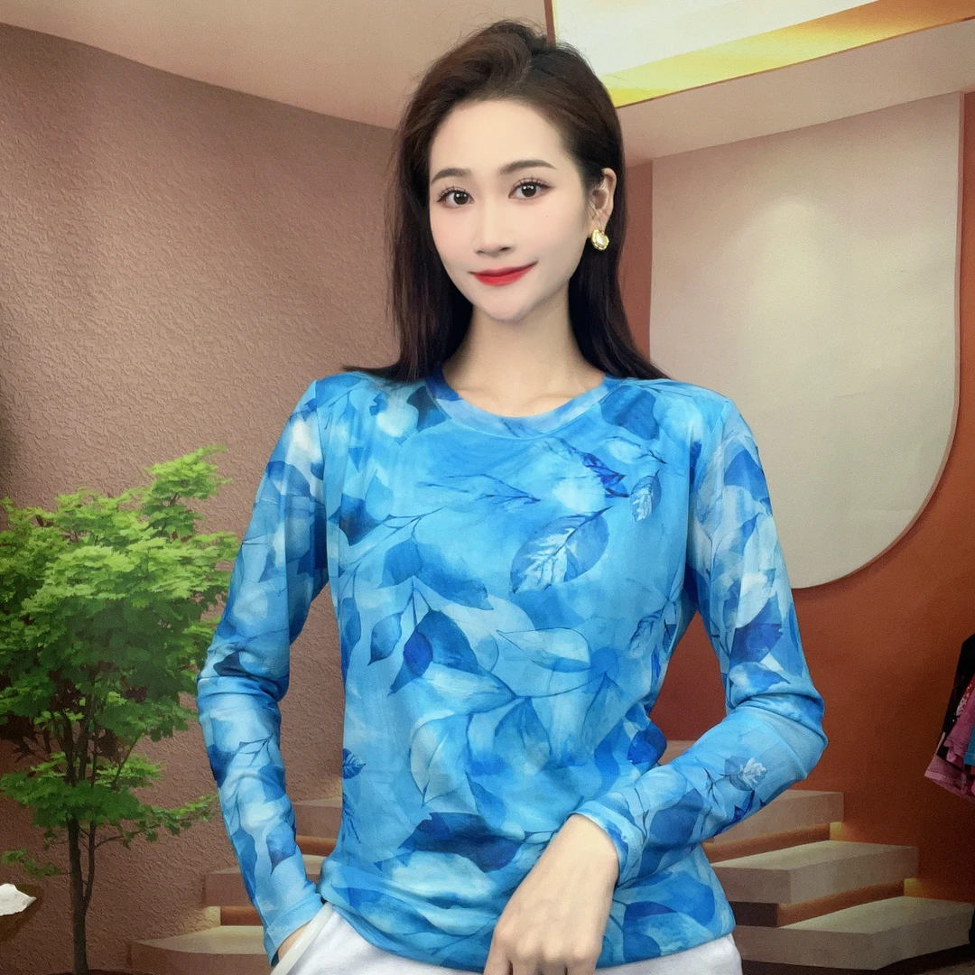 2025夏季新款时尚百搭显瘦气质肌肤纱长袖圆领T恤印花上衣A152