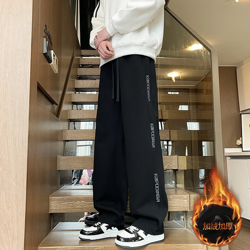 秋冬新款男女中性美式宠松直筒大裤3加绒加厚印花垂感潮流休闲裤
