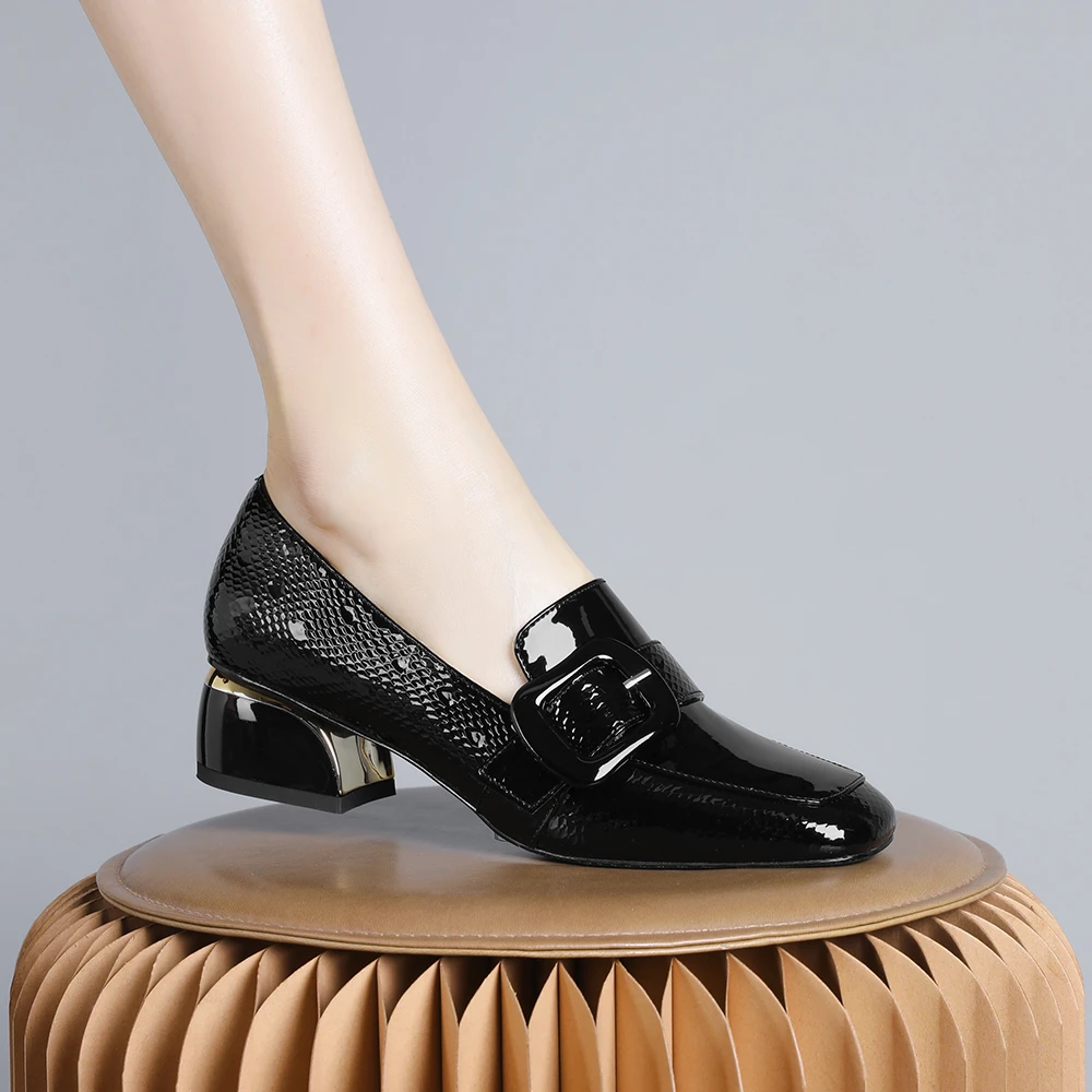 妮彩诗2024新款欧美方头乐福鞋单鞋女通勤百搭一脚蹬简约女鞋1407