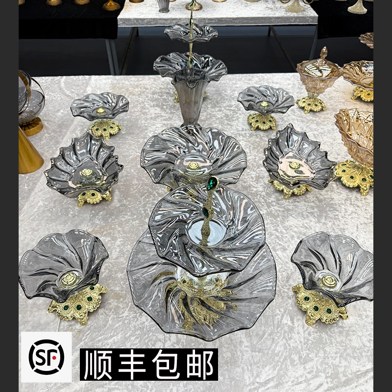 ZG/中歌【新疆包邮】12头合金绿宝石玻璃果盘网红轻奢婚礼家用创意