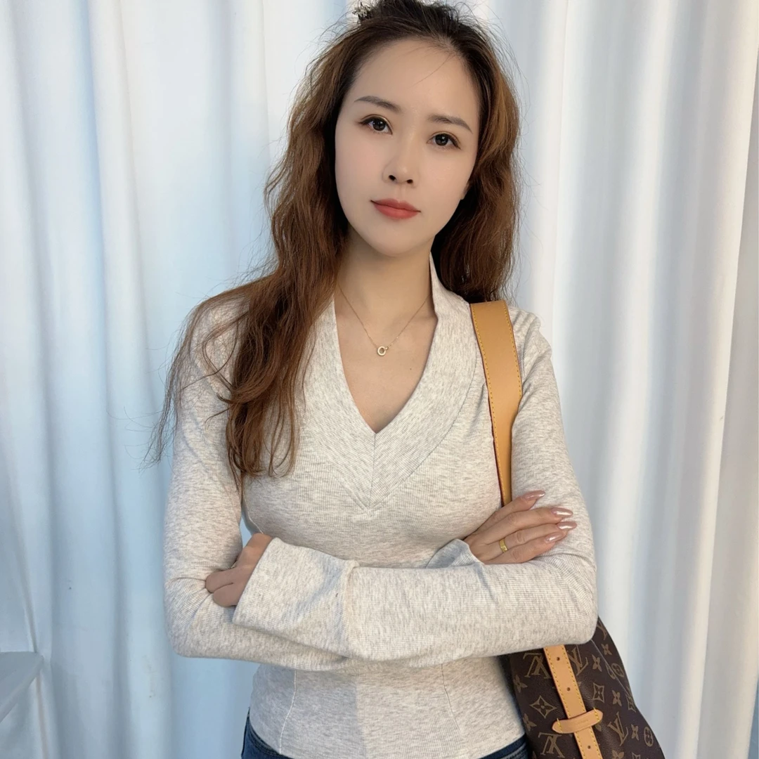 E念-2510#夏天春款韩版气质高级打底衫长袖修身显瘦V领设计款网红
