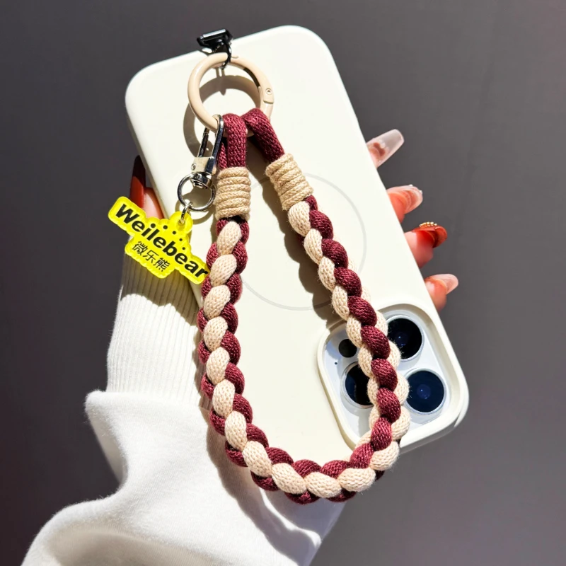 双色4股编织手机挂绳手提腕带棉绳吊坠钥匙包包小挂件防丢手机链