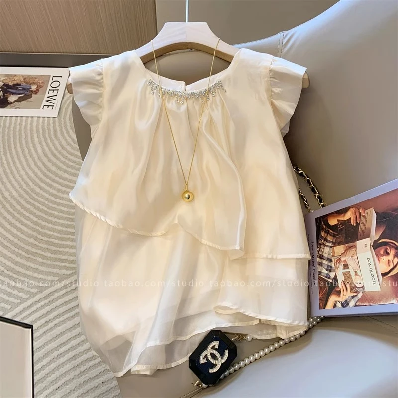 白色法式无袖褶皱雪纺衫夏季2025新款漂亮小衫女不规则荷叶边上衣
