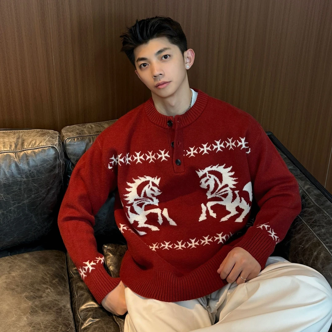 【马到成功】年款情侣装秋冬彩云保暖红色冬季针织套头毛衣1-5287