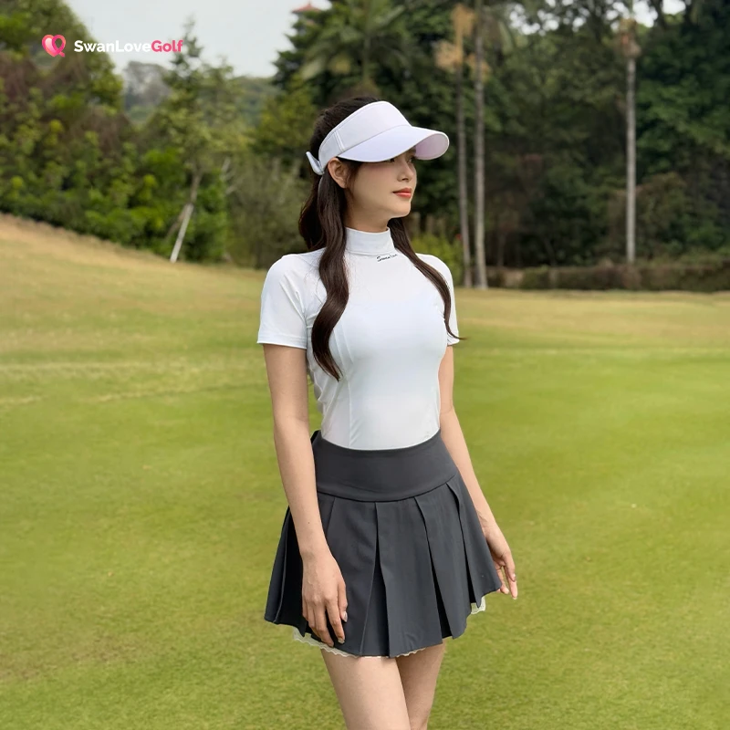 高尔夫女装春夏韩版简约短袖T恤冰感透气高腰蝴蝶结运动百褶裙女