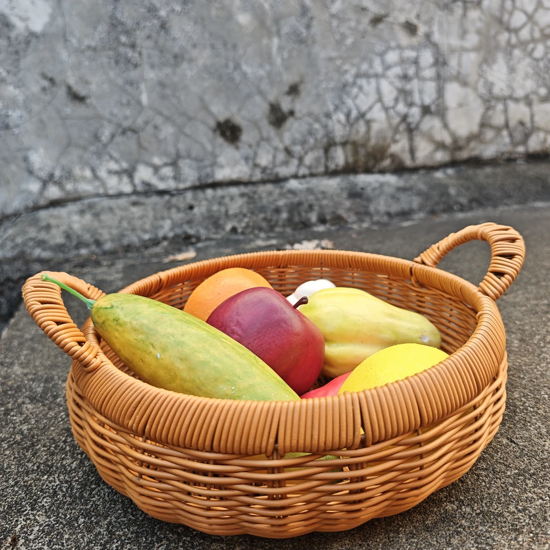 手工藤编圆形水果篮田园风家用客厅茶几蔬菜收纳筐简约编织置物篮