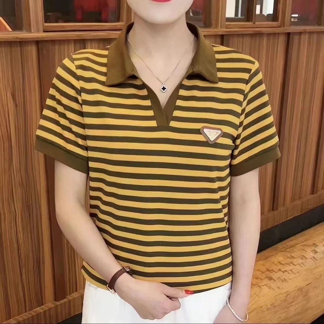 2025夏季新款条纹短袖显瘦百搭中年妈妈女士t恤短袖polo领上衣女