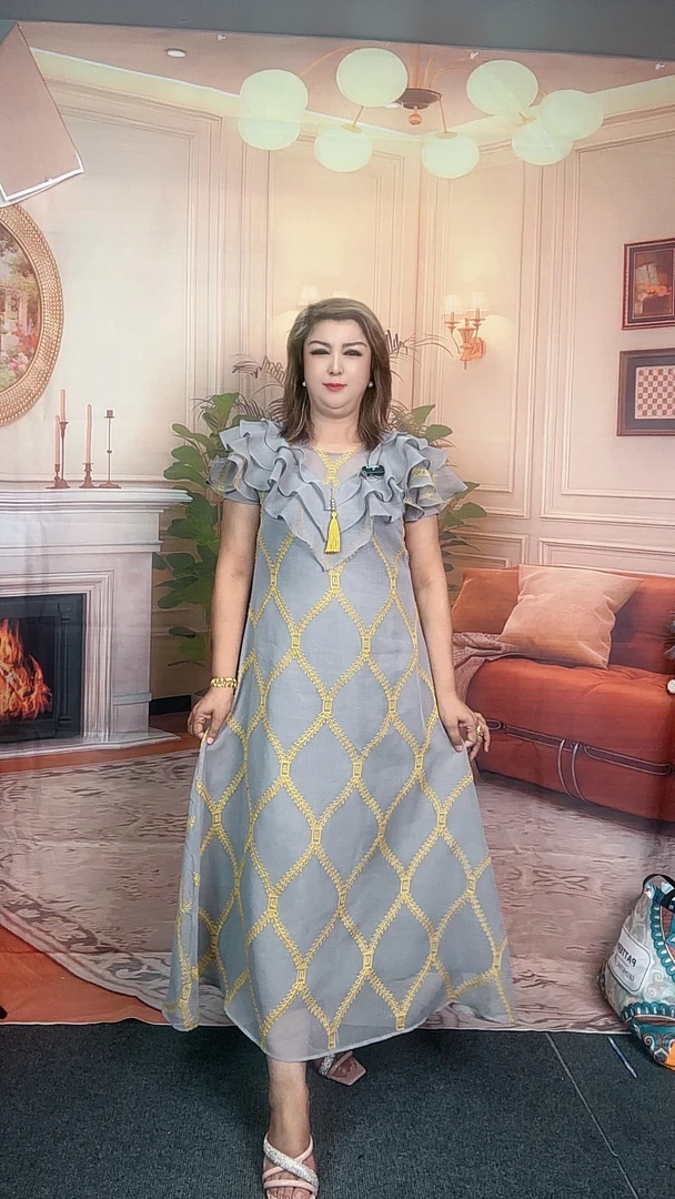 夏季新款洋气妈妈装V领短袖收腰显瘦网纱中长款A字连衣裙