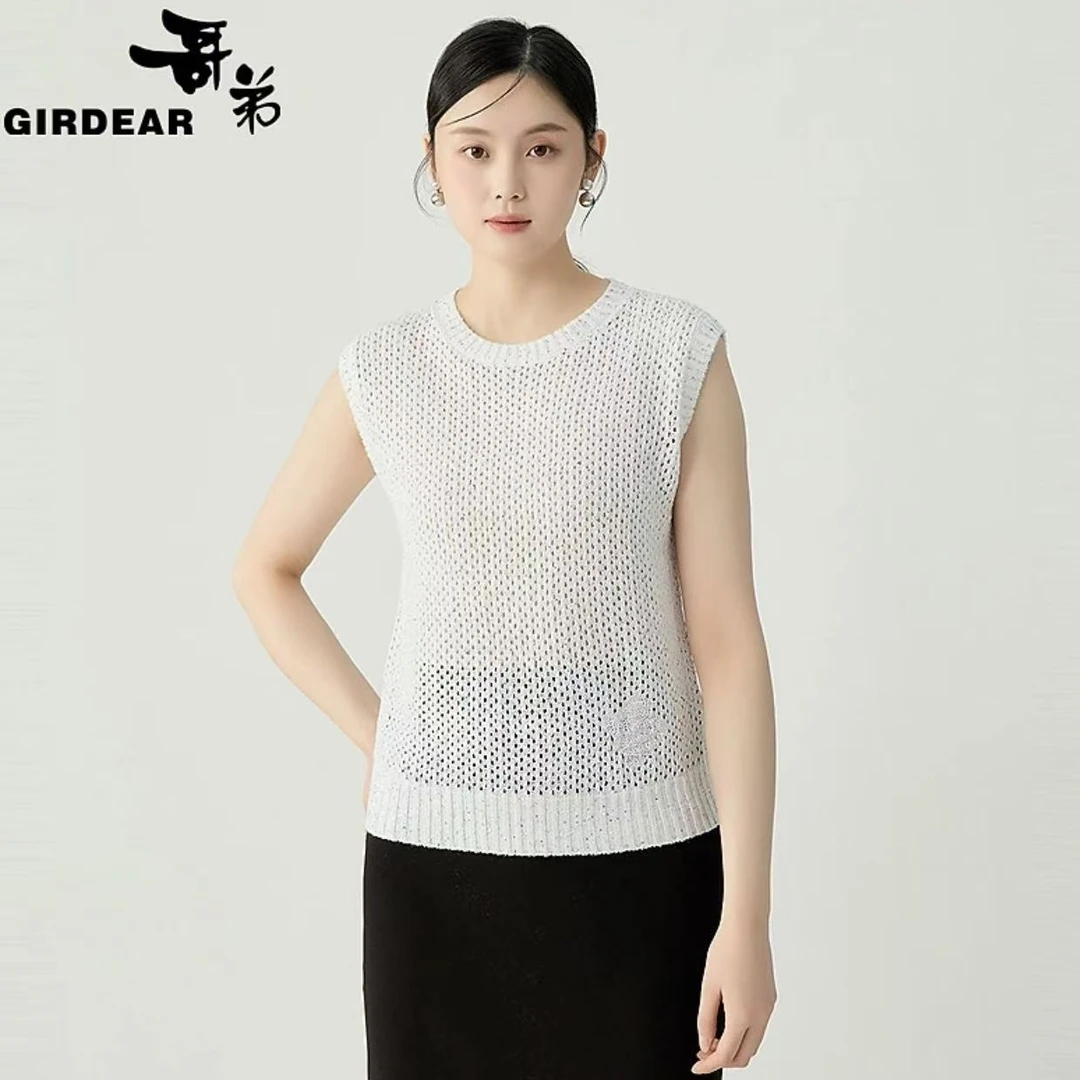 哥弟品质女装新款简约通勤质感螺纹圆领镂空珠片针织背心138026