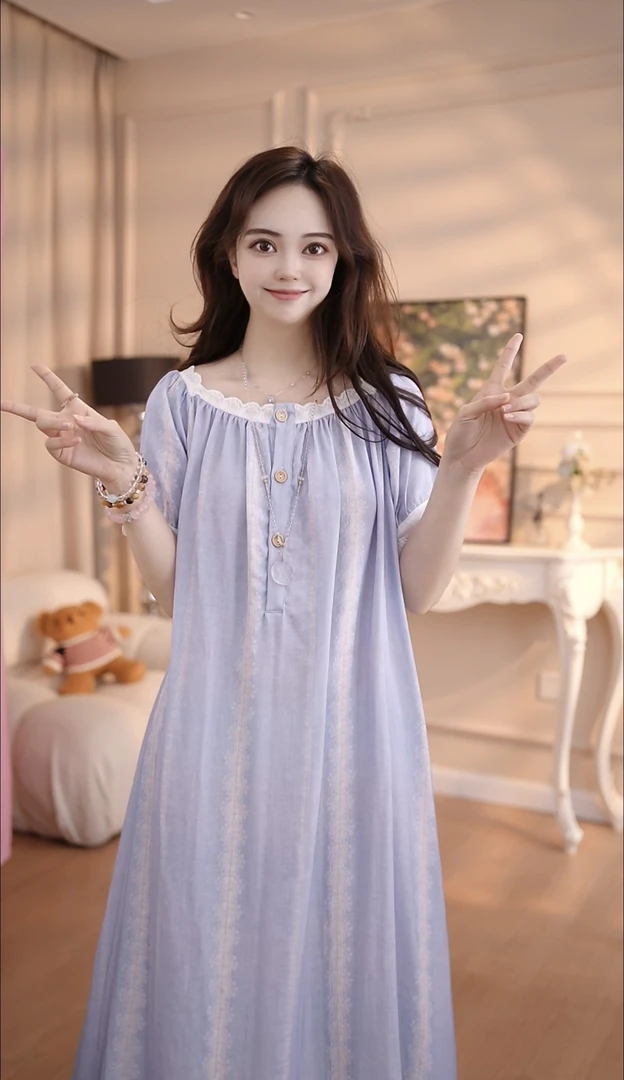 【我腻天空】睡衣女棉裙子宽松甜美大码时尚休闲睡衣QQ