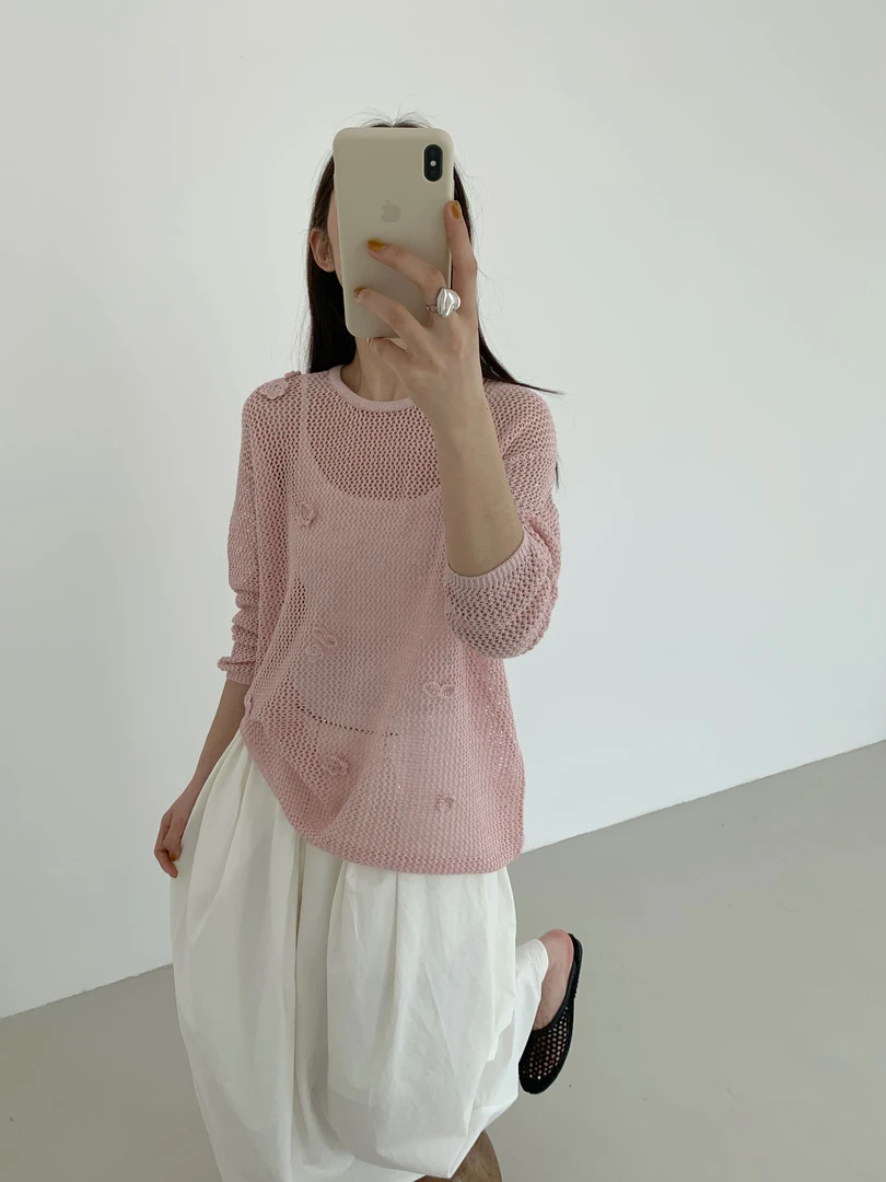 【DUODUO 969977】夏季新款亚麻镂空慵清凉懒风重工宽松显瘦针织衫