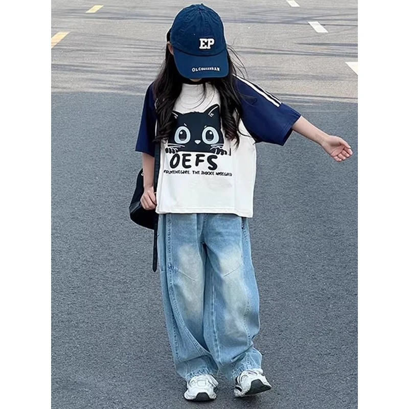 儿童女童洋气时尚休闲夏装童装时髦炸街+女童夏季宽松短袖圆领T恤